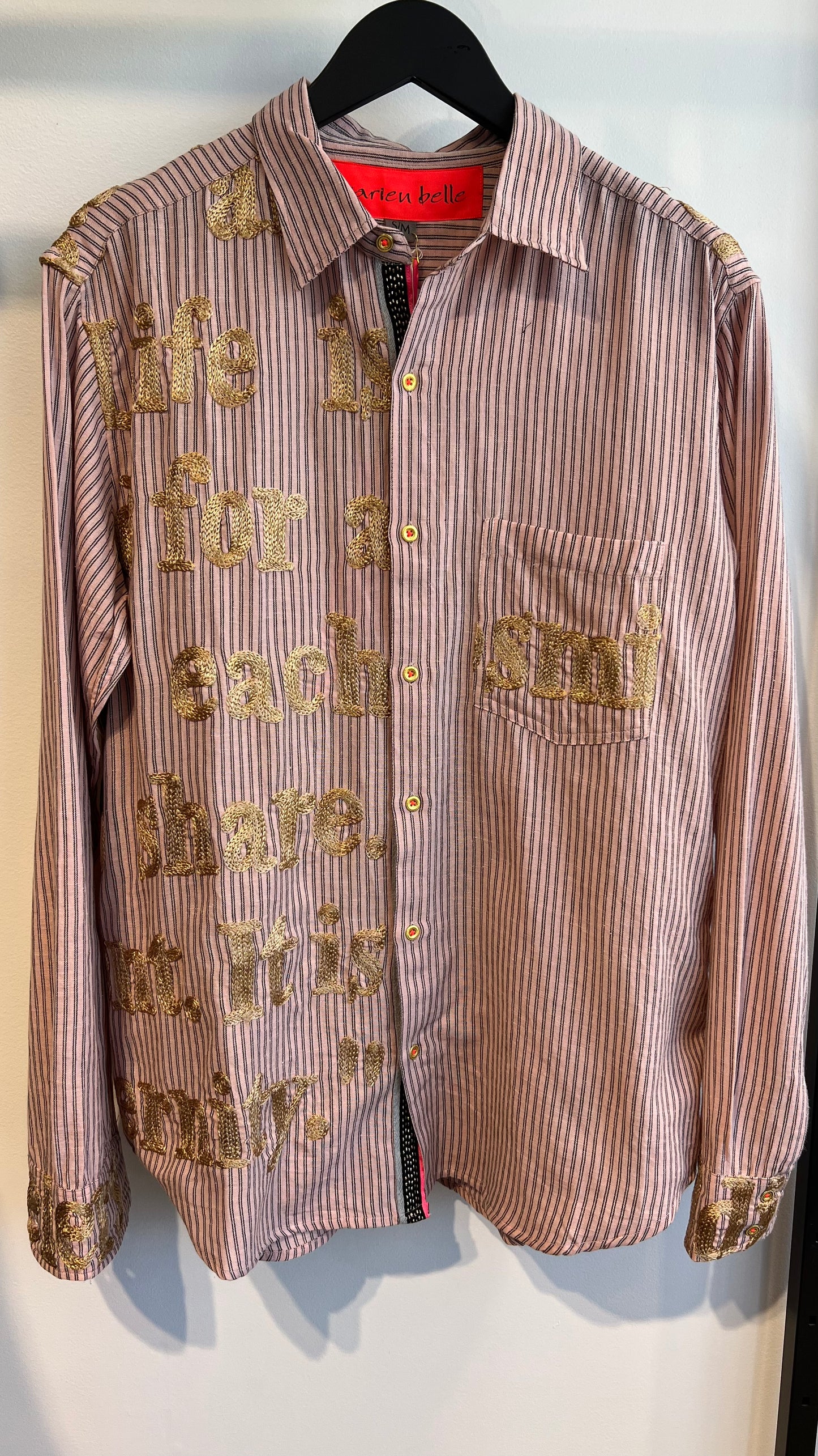 Button Up Shirt Pink Stripes with Gold Embroidery