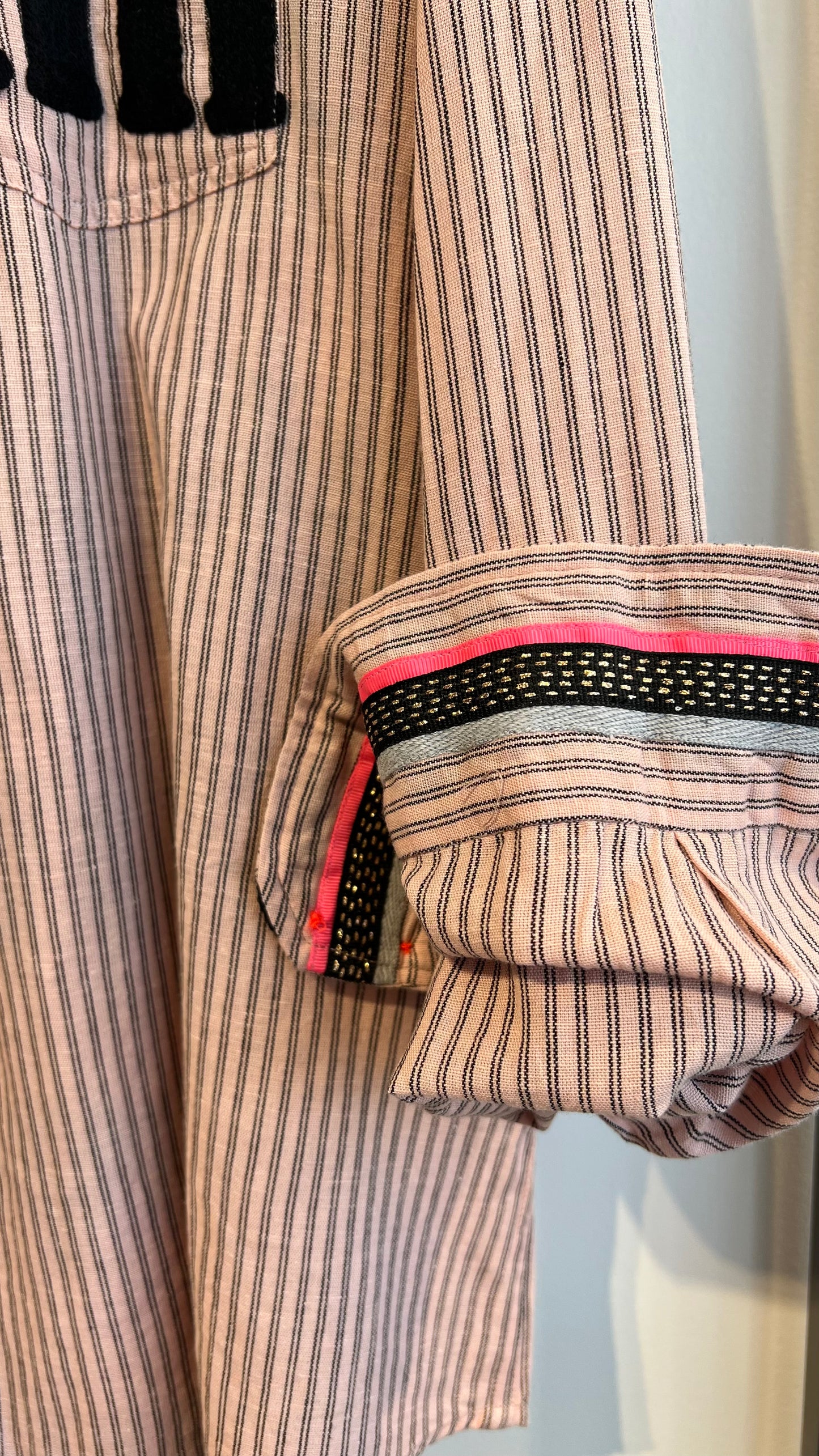 Button Up Shirt Pink Stripes with Black Embroidery