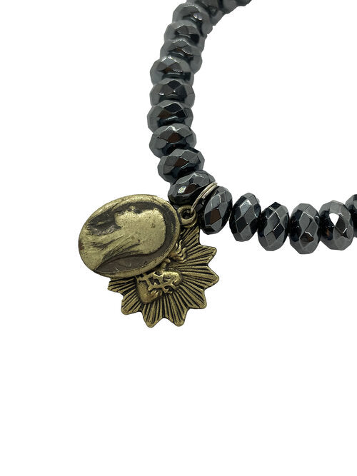 10MM Faceted Hematite Bracelet with Vintage Saint Medal