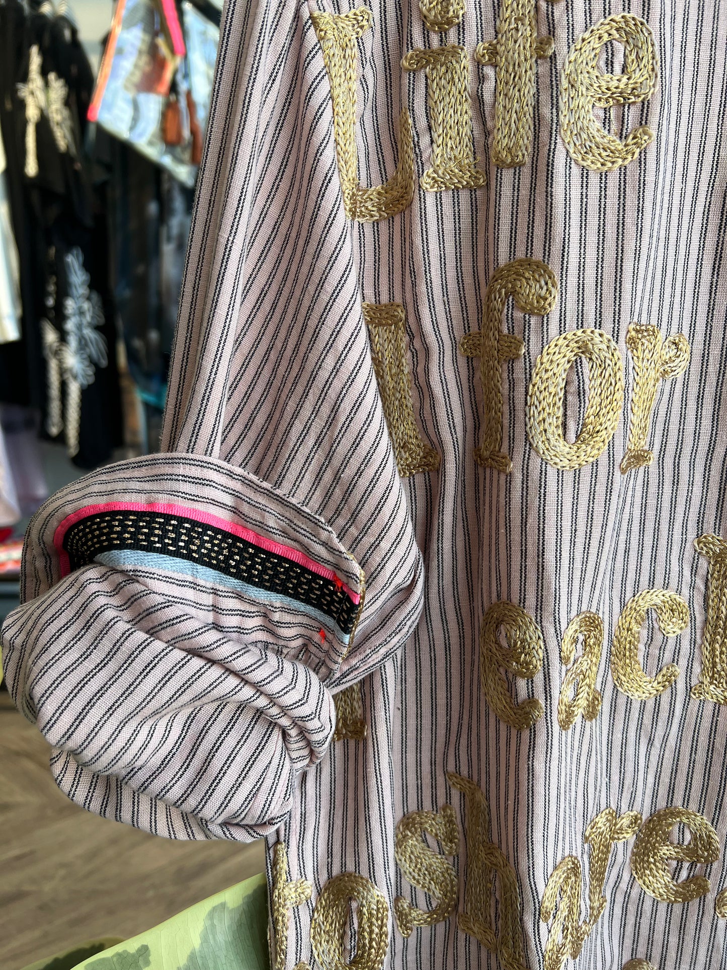 Button Up Shirt Pink Stripes with Gold Embroidery