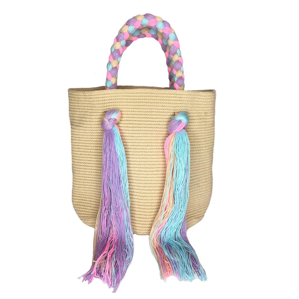 Tassel Bag Beige & Pastel Rainbow Bracelet