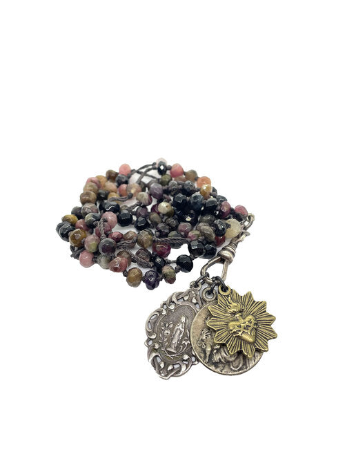 Faceted Natural Tourmaline Rosary Necklace with Vintage Saint Medals