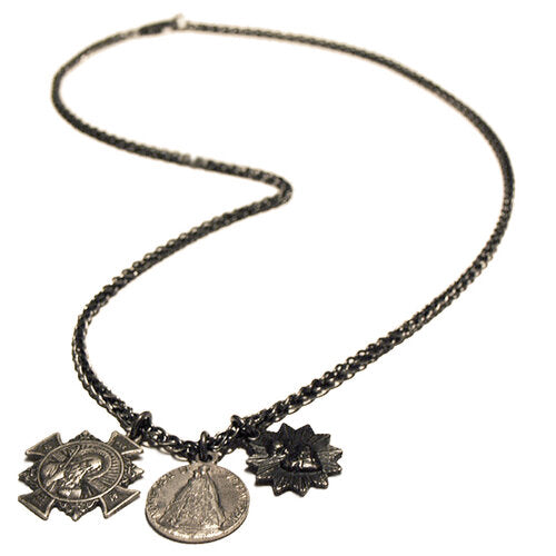 Oxidizied Wheat Chain 24" Necklace with Vintage Saint Medals